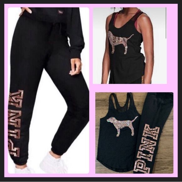 PINK VICTORIA’S SECRET ROSEGOLD BLING DOG MESH TANK / JOGGERS OUTFIT SET XS - Picture 1 of 14